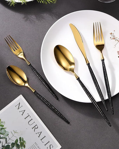 Lemeya 20-Piece Hammered Black Gold Silverware Set,18/10 Stainless Steel Forging Heavy Duty Cutlery Set for 4, Luxury Unique Flatware Set,Spoons and Forks Set,Mirror Polished,Dishwasher Safe