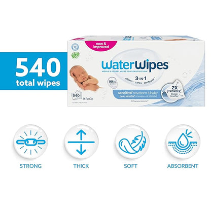 WaterWipes Sensitive+ Newborn & Baby Wipes, 3-In-1 Cleans, Cares, Protects, 99.9% Water, Unscented & Hypoallergenic, 540 Count (9 Packs)