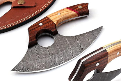 Bushcraft Custom Handmade Damascus Steel Ulu Knife - Alaskan Ulu Knife With Sheath - Multi-Purpose Alloy Steel Knife For Skinning, Hunting, Chopping, (Rose Wood & Olive)