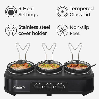 Sunvivi Triple Slow Cooker Buffet Servers and Warmer,3 Pot Food Small Mini Manual Slow Cooker with Adjustable Temp Stainless Steel Lid Rests,Removable Ceramic Pot, 3 * 1.5 Quarts Black