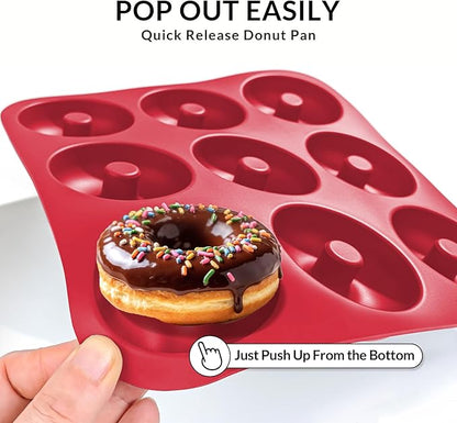 Large Silicone Donut Pan for Baking, 9 Cavity Non-Stick Food Grade Silicone Donut Molds, Doughnut Pan and Bagel Pans for Baking & Kitchen, BPA Free 11.2 x 11.1 Inches, Dishwasher Safe - Bright Red