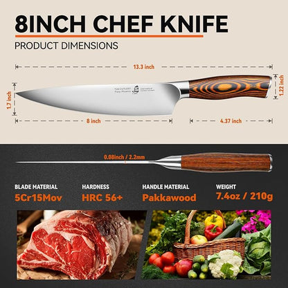 TUO Chef Knife, 8 inch Sharp Kitchen Knife with Pakkawood Handle, High Carbon Steel, Professional for Chopping & Dicing, Gift Box - Fiery Phoenix Series