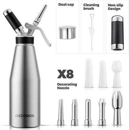 Professional Aluminum Whipped Cream Dispenser - 1000 mL/2 Pint,Leak-Free Whipped Cream Maker Canister with 8 Decorating Nozzles & Cleaning Brush - N2O Chargers (Not Included) (Silver, 1000ml)