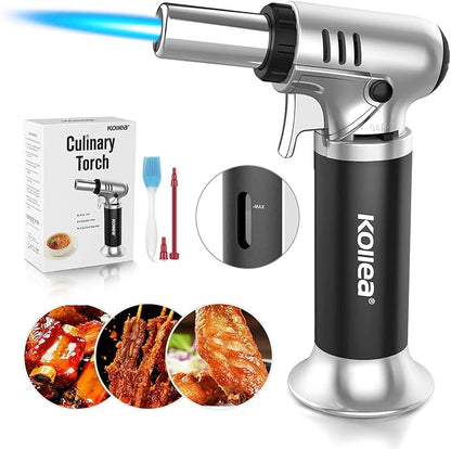 Kollea Butane Torch Lighter, Mini Kitchen Cooking Torch Lighter with Fuel Gauge & Continuous Flame Lock & Nozzle, Culinary Blow Creme Brulee Torch for Baking Food Desserts (Butane Gas Not Included)