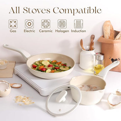PRICUSIS Ceramic Nonstick Saucepan with Lid, 2.7 Quart Non Toxic Pot with Pour Spouts, Full Coated, 100% Dishwasher Safe, Induction Compatible & Oven Safe, PTFE PFAS & PFOA Free, Coconut White