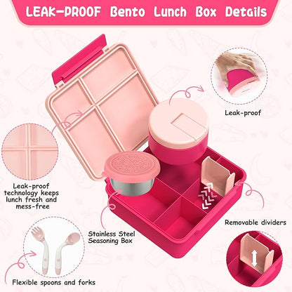Kids Bento Lunch Box with 8oz Soup Thermo, Kids Leakproof Lunch Food Containers with 4 Compartment,Insulated Hot Food Jar with Lunch Bag for School, Travel (Pink)