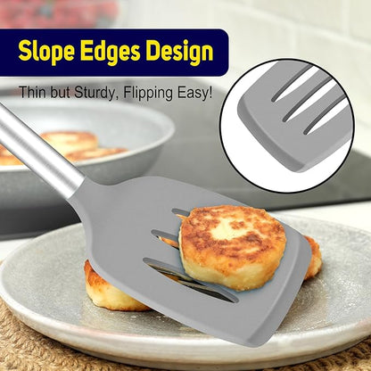 HOTEC Silicone Spatula Set of 2 Heat-Resistant 600°F & BPA-Free Kitchen SaptulaTurner with Stainless Steel Handles, Slotted & Solid Spatulas for Nonstick Cookware, 13.7 Inch, Grey