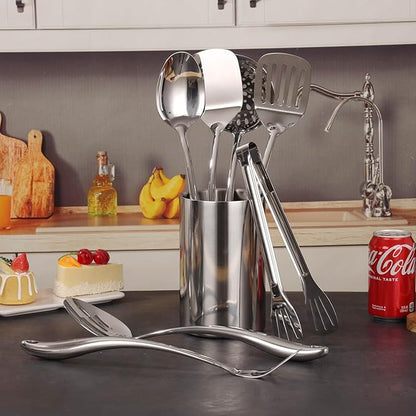 18/10 Stainless Steel Kitchen Utensils Set with Holder - 15″ Spatula Spoon Set with Storage Organizer for Countertop, Fork, Tongs, Spatula, Ladle, Skimmer, Turner, Spaghetti, Large Spoon Set of 12