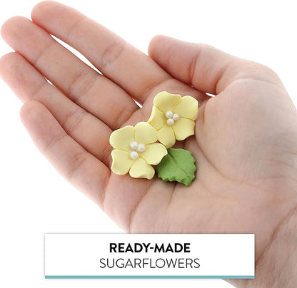Global Sugar Art Blossoms and Leaves Edible Sugar Cake & Cupcake Flowers, Yellow, Small Unwired, 24 Count with Leaves by Chef Alan Tetreault
