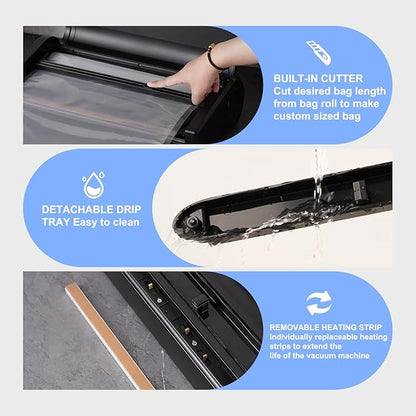 Vacuum Sealer Machine, 75kpa Rechargeable Full Automatic Food Sealer for Freshness Storage, Stainless Steel Portable Food Vacuum Sealers Machine with Pre-cut Bags, Air Hose for Outdoor Indoor