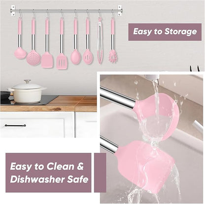 TeamFar Kitchen Utensils Set of 8, Silicone Utensils Kitchen Tools Set with Stainless Steel Handle, for Frying Serving Flipping Draining, Non-toxic & Heatproof, Nonstick & Dishwasher Safe - Pink