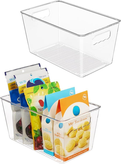 Vtopmart Clear Plastic Pantry Organizer Bins, 2 PCS Food Storage Bins with Handle for Refrigerator, Fridge, Cabinet, Kitchen, Countertops, Cupboard, Freezer Organization and Storage, BPA Free, Medium