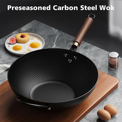 Nonstick Wok, 13-Inch Carbon Steel Wok Pan with Glass Cover, Woks & Stir-Fry Pans for Induction, Electric, Gas, Halogen, All Stoves