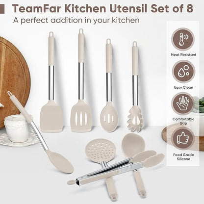 TeamFar Kitchen Utensils Set of 8, Silicone Utensils Kitchen Tools Set with Stainless Steel Handle, for Frying Serving Flipping Draining, Non-toxic & Heatproof, Nonstick & Dishwasher Safe - Khaki