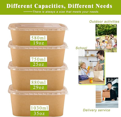 MINCOCO 50 Count Disposable Paper Bowls with Lids Meal Prep Containers 【Includes 50 Wooden Forks + 100 Labels】 Salad Food Containers Freezer & Microwave Safe Leakproof Soup Bowls (35 Ounce, 50-Count)