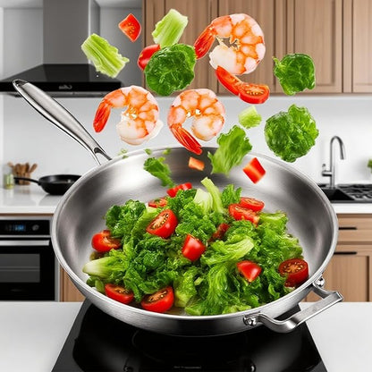 DELARLO Stainless Steel Pan, 14.2 Inch Frying Pan, Tri-Ply Skillet with Lid, Oven Safe Up to 600℉, Stainless Steel Cookware, Fast Even Heat, Large Cooking Surface,Non Toxic Large Skillet