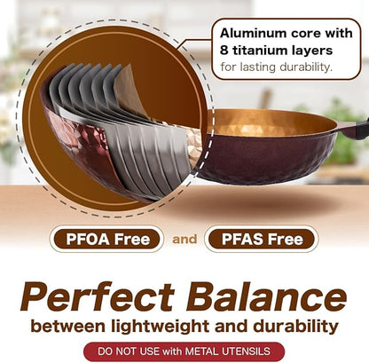 Diamond X Premium Non Stick Wok Pan with Lid - 11" Large Flat Bottom Chinese Wok - Woks & Stir-fry Pans Nonstick - Titanium-Coated 8-Layered Korean Engineered Skillet for Frying, Oil-Free, PFOA-Free