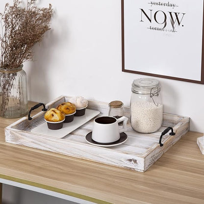 Rustic Vintage Big Wood Food Breakfast Serving Trays with Cutout Metal Handles(20 Inches) Large Nesting Board Decorative Serving Trays Platter in Bed, Ottoman, Coffee Table, BBQ, Party(Washed White