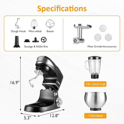 Sunvivi 3-in-1 Multifuctional Stand Mixer: 400W Kitchen Electric Mixer, Tilt-Head, 6.5QT Dough Mixer Machine with Stainless Steel Bowl, Meat Grinder, Juice Blender – Ideal for Baking, Cooking