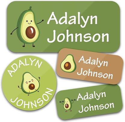 Personalized Daycare Name Labels for Kids (130 Labels) - Custom Waterproof Name Stickers for Clothing Tags, Water Bottles, Lunch Boxes and School Supplies (Avocados)