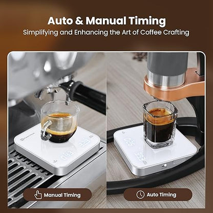 Rechargeable Mini Coffee Scale with Timer, Maestri House Espresso Scale, 2kg/0.1g Accurate Scale for Espresso and Pour-Over Coffee, Portable Digital Kitchen Scale with Automatic Timing（White&Silver）