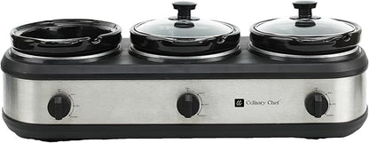 CULINARY CHEF, Triple Slow Cooker, Buffet Server 3 Pot, Food Warmer - Stainless