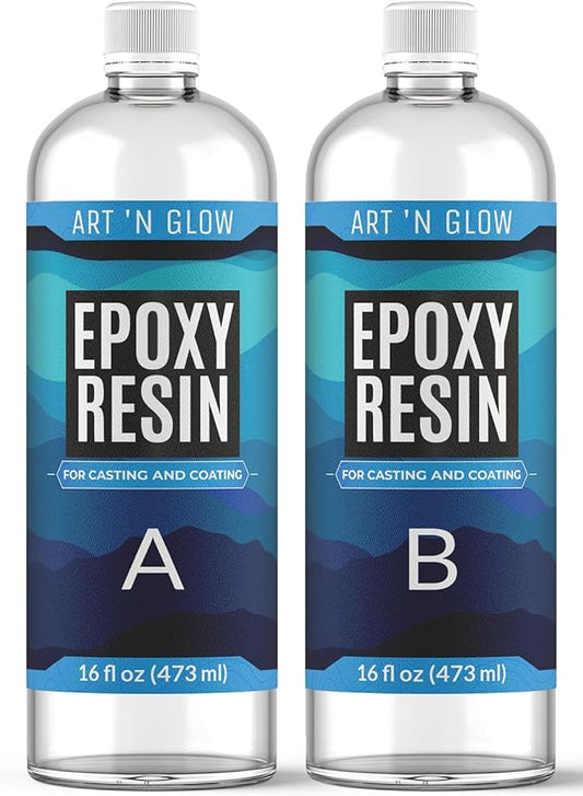 Art 'N Glow Epoxy Resin 32 oz Kit - Crystal Clear, UV Resistant, Self Leveling, Food Safe for Table Top, Arts & Crafts, Wood, Casting, Jewelry Making, Use with Mica Powder, Silicone Molds, Alcohol Ink