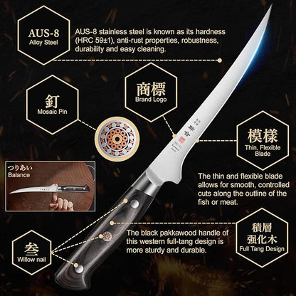 7 Inch Fillet Knife for Fish, Japan AUS-8 Alloy Steel Boning Knife for Meat with Full-Tang Pakkawood Handle, Kitchen Knives with Premium Gift Box (Classic Series)