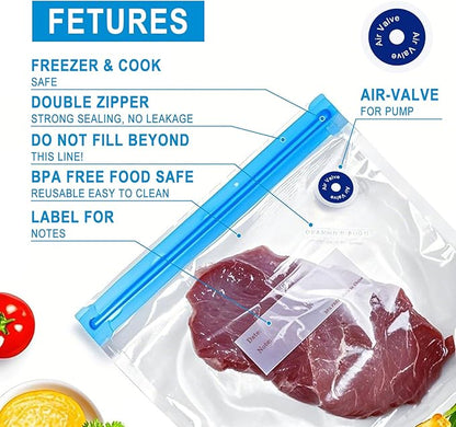 Reusable Sous Vide Bags 43Pcs BPA-Free, 4.3L Vacuum Sealer Bags for Cooking & Microwave, 35 Zipper Bags, 3 Seal Clips ＆ 5 Cooking Clips, Heat-Resistant & Leakproof (12x13.5in)