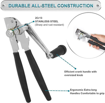 Commercial Can Opener with Magnet, Manual Heavy Duty Folding Hand Crank Can Opener Smooth Edge with Comfortable Long Handles, Fit All Size Cans, Large Cans