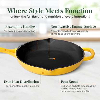 Larder & Vine Enameled Cast Iron Skillet | 10.25 in Cast Iron Pan | Saute Pan with Pour Spouts | Enamel Coated Skillet | Compatible on All Cooktops & Oven Safe to 500F | Limoncello