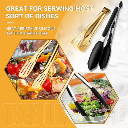 Gold Serving Utensils Set for Partie, Stainless Steel Metal Large Serving Spoons, Slotted Spoons, Forks, Tongs, Soup Spoons, Skimmer Spoon, Cake Server for Buffet, Catering, Entertaining 15pcs
