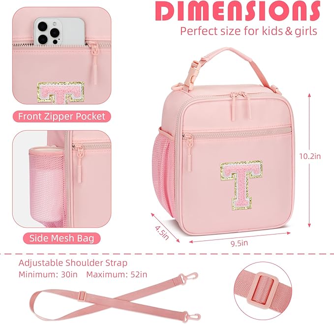 Initial Insulated Lunch Bag for Girls Kids, Back to School Gift, Reusable Leak-proof Lunch Box with Adjustable Strap for School Daycare Travel Picnic (Pink,T)