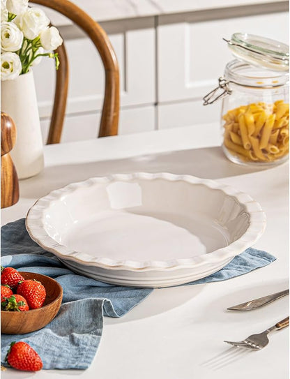Ceramic Pie Pans for Baking 9 inch, 45 OZ Deep Dish Pie Pan, Quiche Baking Dish for Oven, Farmhouse Decor Pie Plate, Oven Safe, Set of 1, Off-White