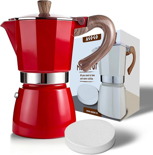 AGOGO Milano Moka Pot, Stovetop Espresso Maker, Greca, Coffee Percolator, Turkish Coffee Maker with Paper Filter 6 Cup Red