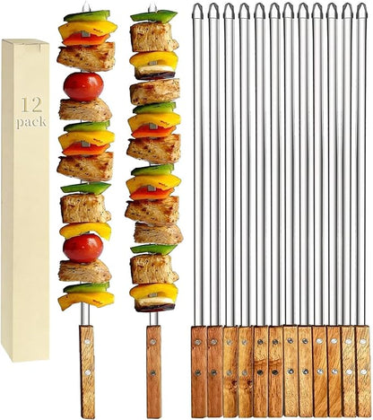 12 Pack Kebab Skewers 22 Inch Stainless Steel Grilling BBQ Skewer Reusable Barbecue Skewers Flat Stick with Wood Handle,Ideal for Koubideh Brazilian Chicken Shrimp Turkish Shish Kabob