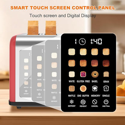 2 Slice Toaster Touch Screen, Stainless Steel Toasters Digital Timer 2 Slot Toasters, 8 Shade Settings 6 Bread Types for Bagel, Cancel, Defrost (Red)