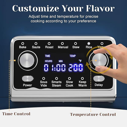Sunvivi 8 Quart Slow Cooker Roaster Oven, 12 in 1 Programmable Multi-Cooker Food Warmer with Digital Timer, Temp Control, Removable Cast Aluminum Pot & Dishwasher-Safe Tempered Glass Lid, Blue