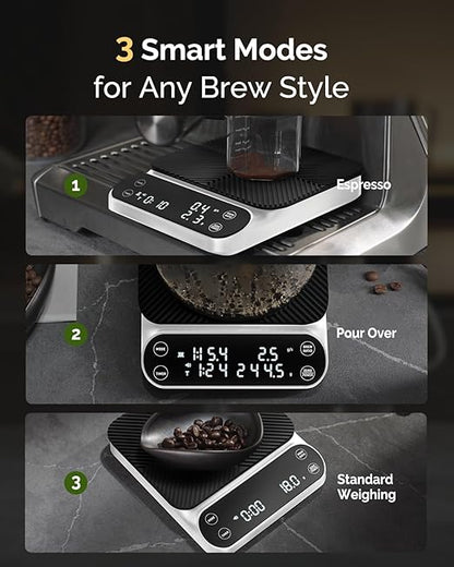 Maestri House S3 Coffee Scale with Timer, 3kg/0.1g Rechargeable Digital Scale, 3 Brew Modes, Adjustable Ratios & Flow Rate Display, Barista-Grade for Pour-Over, Espresso, French Press –White