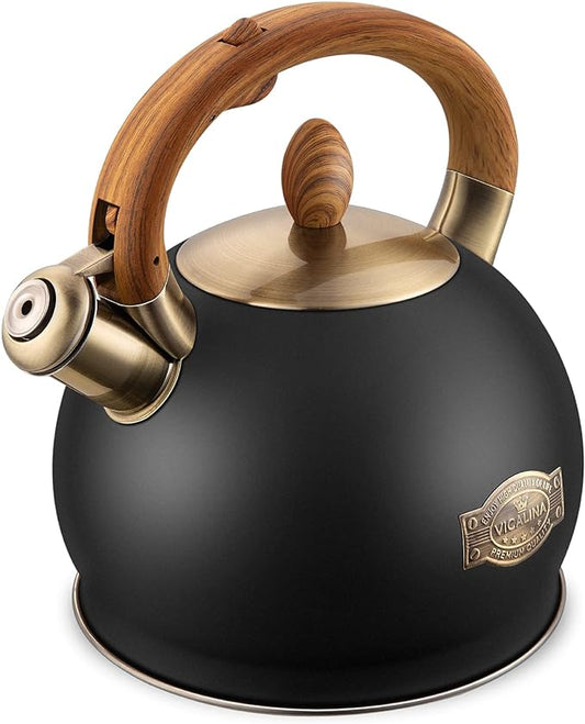 Tea Kettle & Tea Pot, 2.64 Quart Food Grade Stainless Steel Induction Whistling Tea Kettle for Stove Top Home Daily Use Teapot with Cool Touch Ergonomic Handle Polished Black