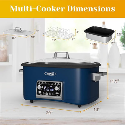 Sunvivi 8 Quart Slow Cooker Roaster Oven, 12 in 1 Programmable Multi-Cooker Food Warmer with Digital Timer, Temp Control, Removable Cast Aluminum Pot & Dishwasher-Safe Tempered Glass Lid, Blue