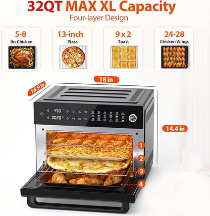 Aeitto® 32-Quart PRO Large Air Fryer Oven| Toaster Oven Combo | with Rotisserie, Dehydrator and Full Accessories | 19-In-1 Digital Airfryer | Fit 13" Pizza, 9pcs Toast, 1800w, Black