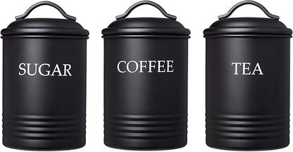 Kitchen Canister Set of 3 Sugar Coffee Tea with lids Food Storage, Black
