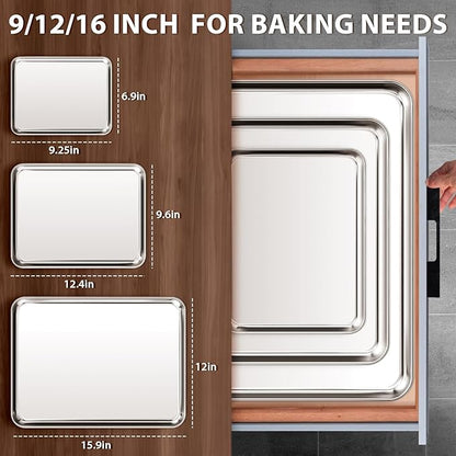 Stainless Steel Cookie Sheets, Baking Sheet Pan Set of 3, Non Stick and Heavy Duty and Easy Clean, 9/12/16 Inch