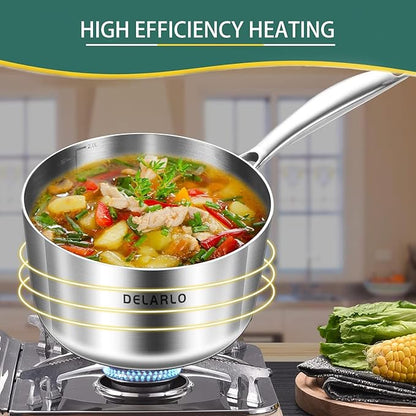 DELARLO Whole Body Tri-Ply Stainless Steel 3 Quart Saucepan with Lid, Oven Safe 600℉, Heavy Duty Saucier Pan 3 Quart, Fast and Even Heat, Kitchen and Dining Sauce Pot, Induction Pot(Lids 300℉)