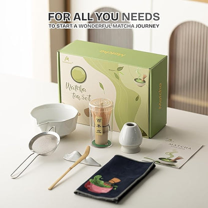 7 PCS Matcha Whisk Kit with Bowl & Scoop, Bamboo Whisk and Sifter, Traditional Japanese Tea Set for Matcha Lovers – Complete Matcha Gift Kit (White)