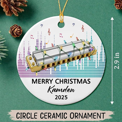 Customized Text Year Name Harmonica Instrument Player Ceramic Ornament, Personalized Harmonica Christmas Ornaments Gift for Harmonicist Women Men Friends Brother Sister, Harmonicas Musical Ornament