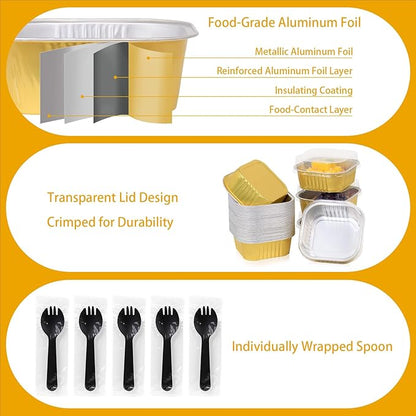 FORBFAN 150 Pack Mini Cake Pans with Lids and Spoons, 10 oz Aluminium Foil Square Brownie Baking Cups, Disposable Ramekins Cupcake Tins