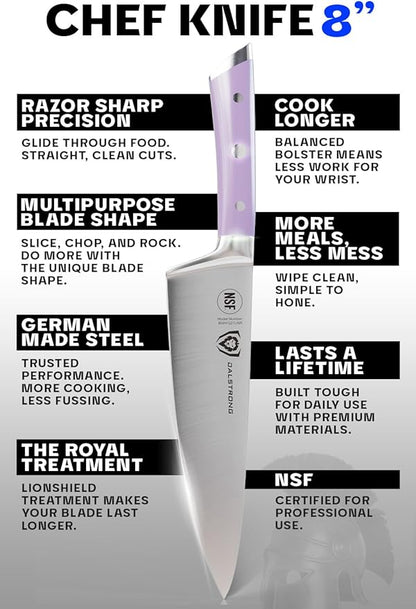 Dalstrong Chef Knife - 8 inch Blade - Gladiator Series - Forged High Carbon German Steel - Razor Sharp Kitchen Knife - Professional Full Tang Knives - Lilac Handle ABS - Sheath - NSF Certified