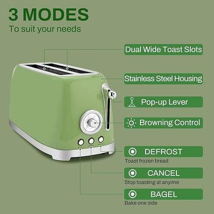 SUSTEAS Toaster 4 Slice Wide Slot, Stainless Steel Bread Bagel Toasters, Retro Long Slot Tostadora for Defrost, Reheat, Removable Crumb Tray, 1500W, 6 Browning Settings, Green